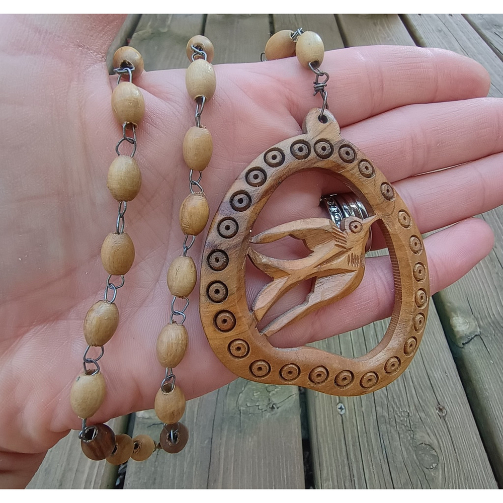 Vintage Hand Carved Wooden Dove Bird Pendant Necklace Round